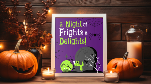 Affiche entourée de décors d'Halloween