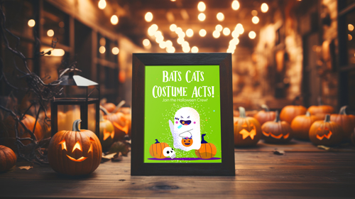 Cadre dans une pièce remplie de citrouilles