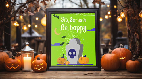 Affiche avec citrouilles sur une table en bois