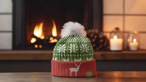 Hat With a Pom Pom in Front of a Fireplace