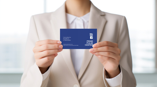 Frau, die eine Firmenkarte präsentiert