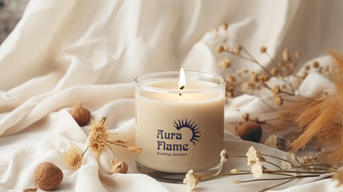 Vista frontal de una vela sobre tapiz beige