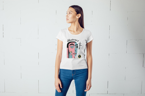 Woman Wearing a T-Shirt Half View