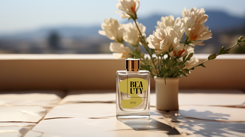 Perfume Bottle and Delicate Spring Flowers
