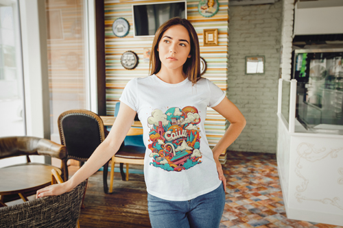 Woman in a T-shirt in an Old Building