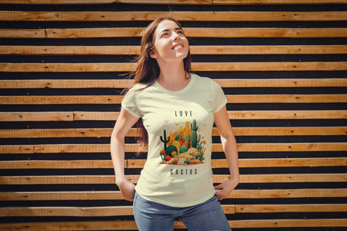 Woman in a T-shirt on a Wooden Backdrop