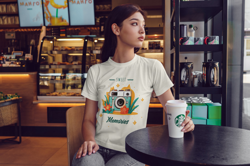 Frau posiert mit einer Kaffeetasse