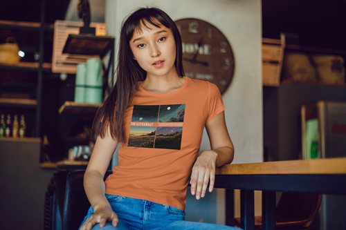 Woman Wearing a T-Shirt Half View