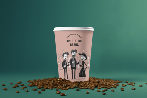 كوب ورقي محاط بحبوب القهوة