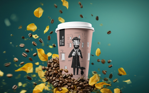 كوب قهوة وسط تناثر الحبوب
