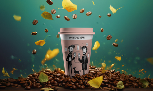 تناثر حبوب القهوة مع كوب