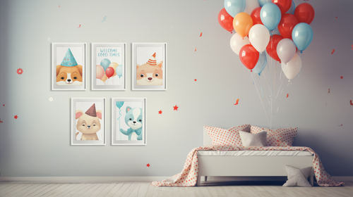 Posters Next to a Bed With Balloons