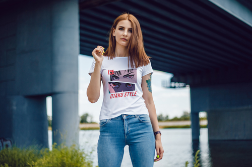 Woman in T-shirt in Front of Camera