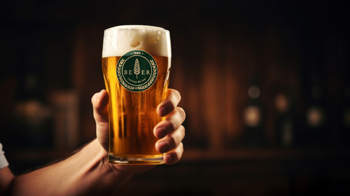 Бармен держит бокал с пивом