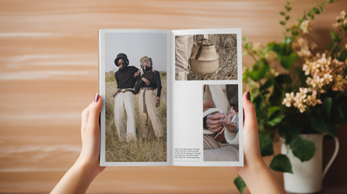 Vista superior de una revista sostenida por manos