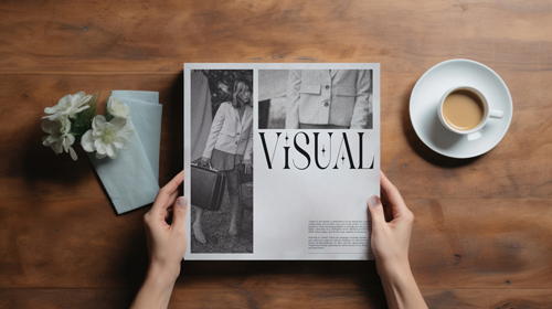 Revista exhibida en una mesa de madera