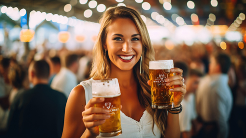 Женщина держит бокалы с пивом