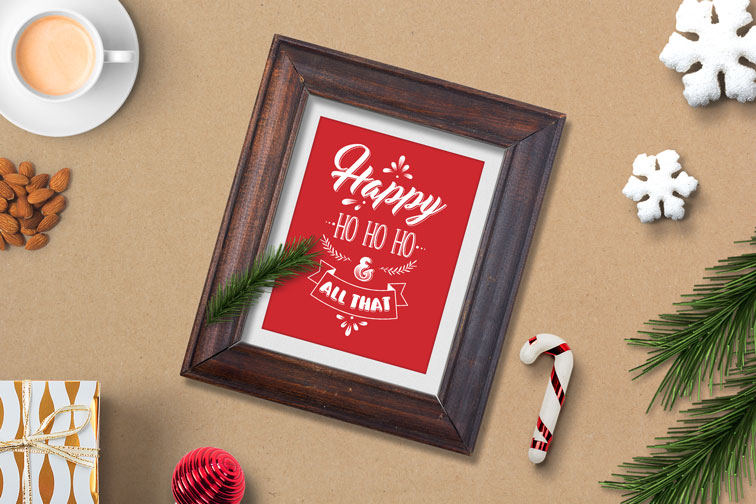 Wooden Photo Frame on a Xmas Background