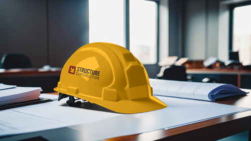 Construction Helmet Placed With Documents