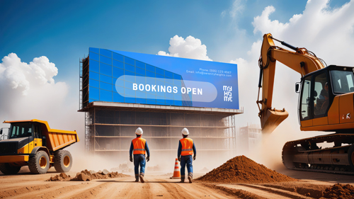 Bauarbeiter mit Blick auf eine Werbetafel