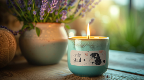 Ceramic Candle Jar with Lavenders in a Vase