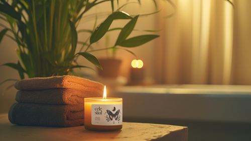 Scented Candle Jar on Spa Interior Backdrop