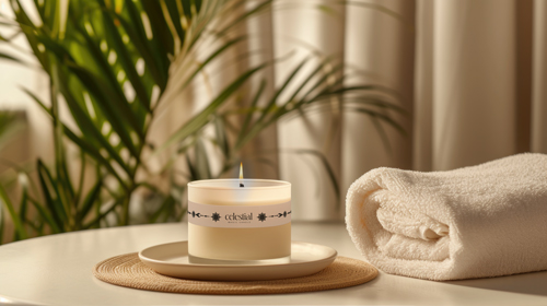 Scented Candle Jar with a Towel and Plants