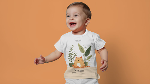 Baby in a T-shirt Smiling Aside