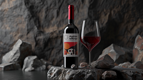 Botella de vino con una copa sobre las rocas