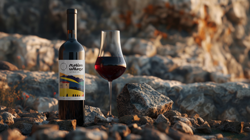 Botella de vino con una copa sobre rocas soleadas