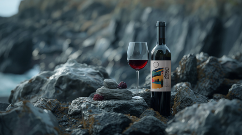 Botella de vino con una copa sobre rocas sombrías