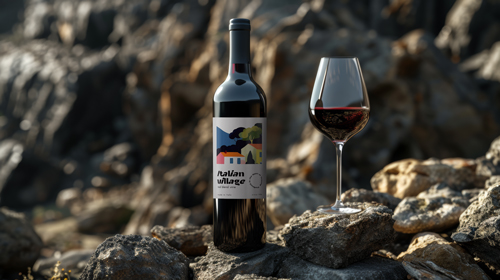 Botella de vino con una vista ampliada de vidrio