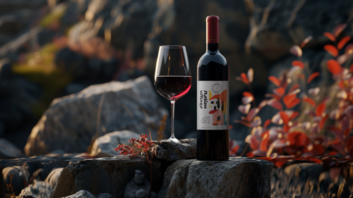 Botella de vino y copa entre rocas y plantas.