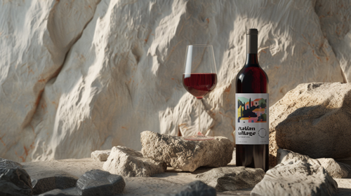 Botella de vino y copa sobre rocas beige