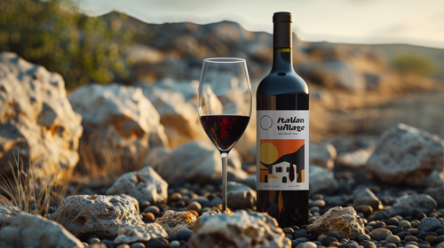 Botella de vino y copa en las montañas.