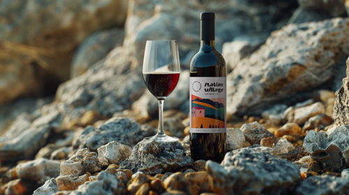 Botella de vino y una copa sobre fondo rocoso