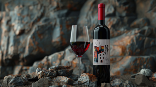 Botella de vino y copa en medio de un terreno rocoso