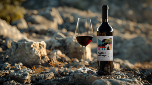 Botella de vino y una copa colocada sobre rocas.