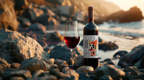 Botella de vino con una copa sobre rocas iluminadas por el sol