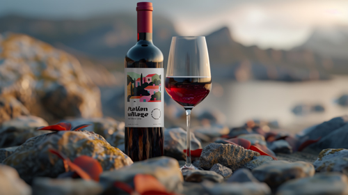 Botella de vino con una copa en las rocas de la playa