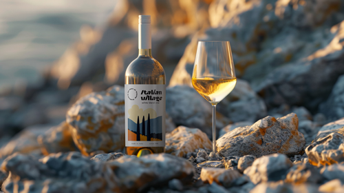 Botella de vino blanco con una copa sobre las rocas