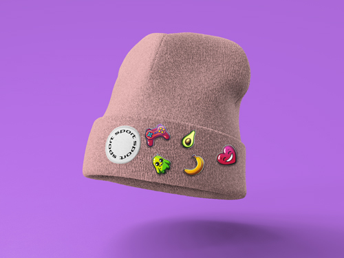 5 Button Pins on a Beanie Front View