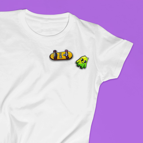 2 Button Pins on a T-shirt