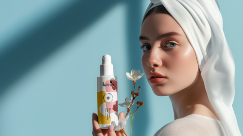 Femme tenant un flacon de cosmétique