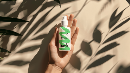 Flacon de cosmétique placé dans une paume