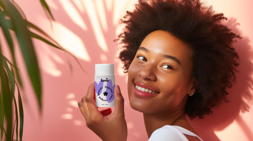 Femme montrant un flacon de cosmétique