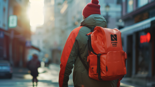 Homem com uma mochila em um cenário urbano