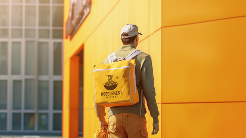 Homem com uma mochila contra edifícios urbanos