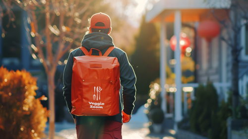 Homem com uma mochila na paisagem urbana