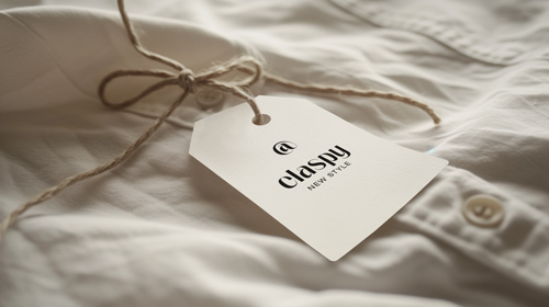 نظرة مكبرة لملصق معلق على قميص بيج